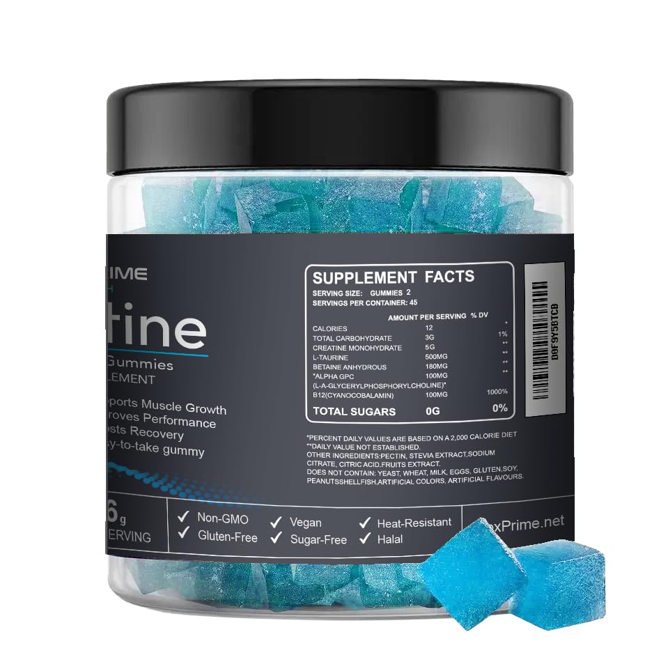 FlexPrime Creatine Gummies Sugar Free - 6g Creatine Monohydrate + L-Taurine, Alpha GPC, Betaine | Vegan Halal Blueberry Chews for Lean Muscle, Strength, Brain Health | Men Women 90 Count FlexPrimeAu supplements