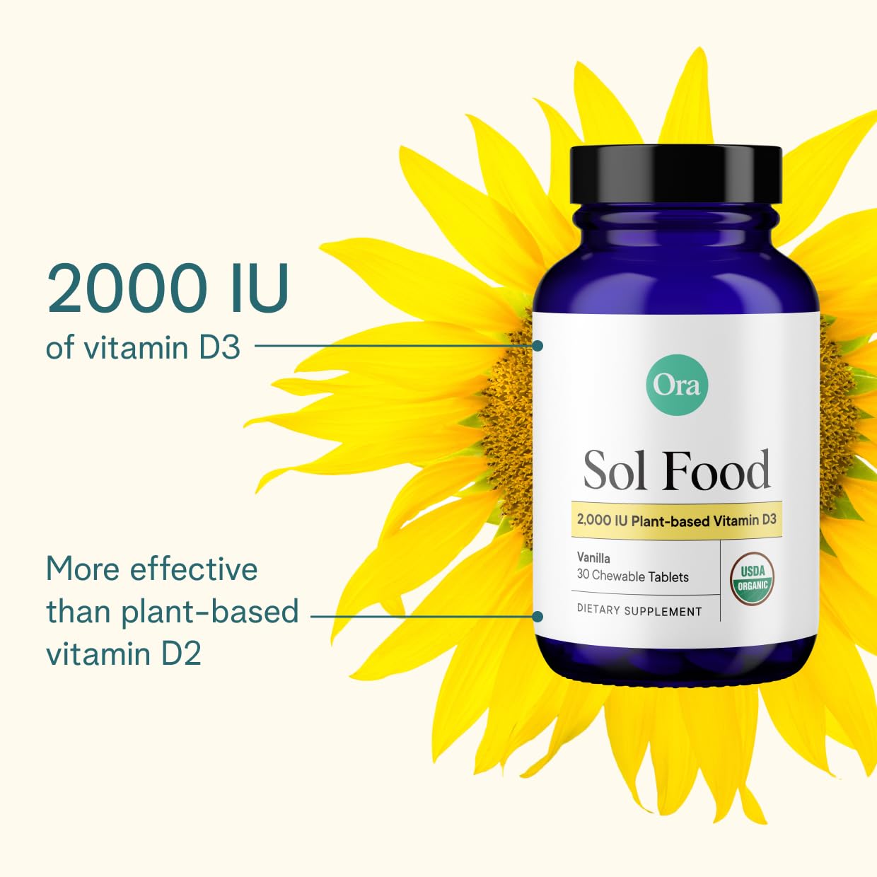 Ora Organic Vitamin D3 2000IU - Vegan Vitamin D Chewables from Lichen for Bone Health, Immune Support, & Mood | Maximum Absorption - 1 Month Supply, 30 Vegan Chewable Vanilla Tablets Ora OrganicUS supplements