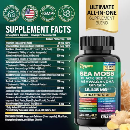 Sea Moss 7000mg Black Seed Oil 4000mg Ashwagandha 2000mg Turmeric 2000mg ZoyavaUS supplements