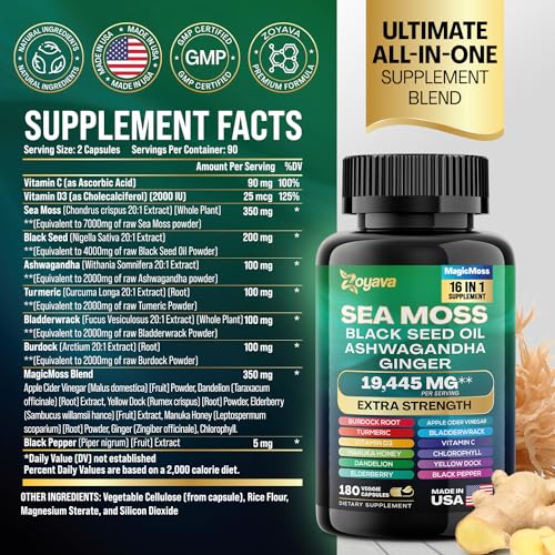 Sea Moss 7000mg Black Seed Oil 4000mg Ashwagandha 2000mg Turmeric 2000mg ZoyavaUS supplements