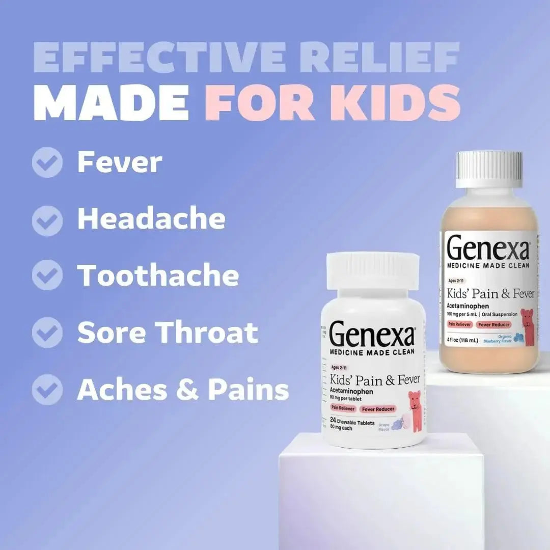 Genexa Kids' Clean Pain & Fever Acetaminophen Bundle | Relieves Fever & Minor Aches and Pain | Dye Free, 0% Artificial Additives | Chewable Tablets & Liquid Oral Suspension for Children Aged 2-11 GenexaAu supplements