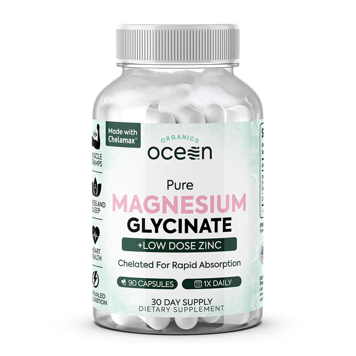 Organics Ocean Pure Magnesium Glycinate with Zinc - Maximum Strength Chelated Magnesium Supplement for Women and Men for Muscle Cramps and Sleep Support - 90 Capsule Organics OceanAu supplements