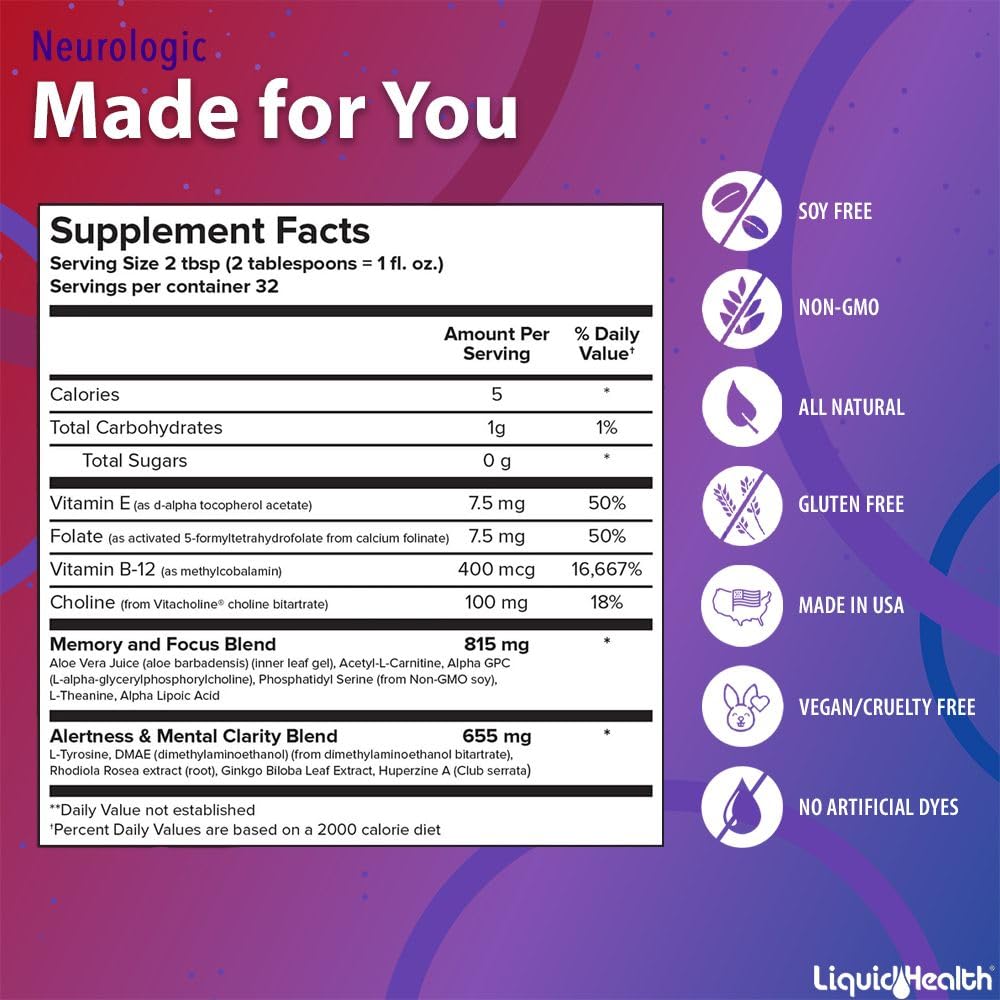 LIQUIDHEALTH Neurologic Focus Supplement - Brain Booster Nootropic Supplement for Cognitive Function, Memory & Focus with Ginkgo Biloba, Choline, L-Theanine & Phosphatidylserine - USA Made (2 Pack) LIQUIDHEALTHAu supplements
