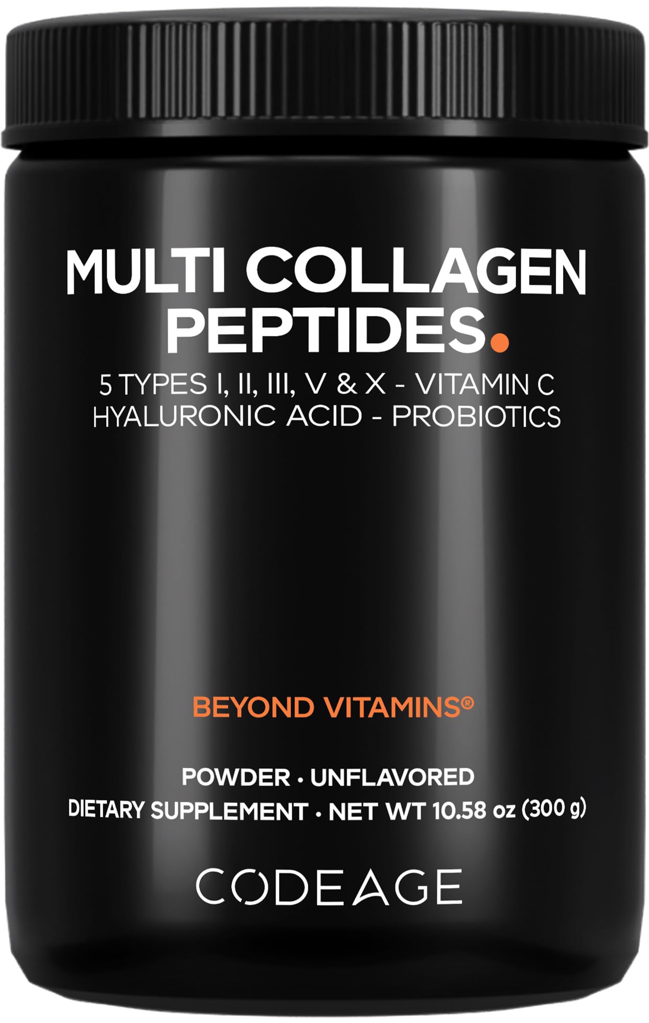 Codeage Multi Collagen Peptides Powder + Probiotics Black Edition, Vitamin C, Hyaluronic Acid Powder Supplement, Grass-Fed, Hydrolyzed, Zero Carbs, Type I, II, III, V & X, Unflavored, 10.58oz CodeageAu supplements