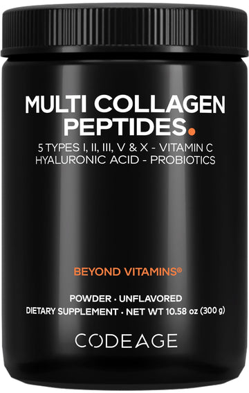 Codeage Multi Collagen Peptides Powder + Probiotics Black Edition, Vitamin C, Hyaluronic Acid Powder Supplement, Grass-Fed, Hydrolyzed, Zero Carbs, Type I, II, III, V & X, Unflavored, 10.58oz CodeageAu supplements