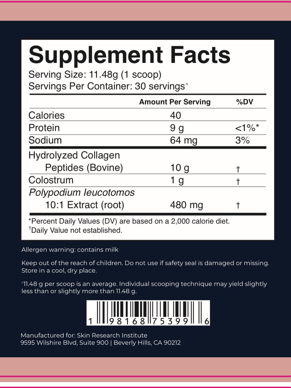 SRILabs ColSilk Unflavored Hydrolyzed Collagen Powder with Colostrum and Polypodium - Skin, Hair, Nails, Gut Health and Joint Support - One Scoop Daily | 1 Month Supply Skin Research InstituteAu supplements