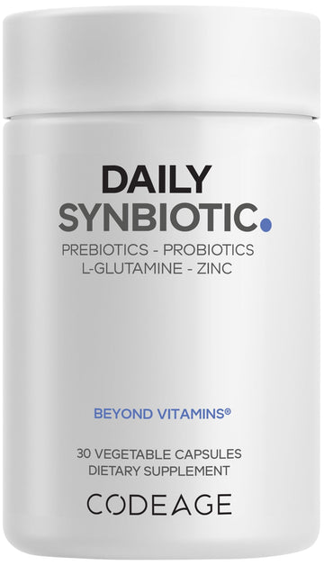 Codeage Daily Synbiotic Supplement - Prebiotics, Lactobacillus & Bifidobacterium Probiotics, L-Glutamine, Zinc L-Carnosine, DGL, Synbiotic Probiotic, BioPerine - Shelf-Stable - 30 Capsules CodeageAu supplements