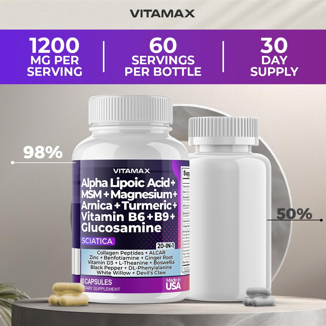 Sciatic Nerve Health Support - Sciatic Nerve Supplement Capsules with Folic Acid, Pea, Glucosamine, MSM, Vitamin B Complex, Alpha Lipoic Acid 300mg – 60ct – Made in USA VitamaxAu supplements