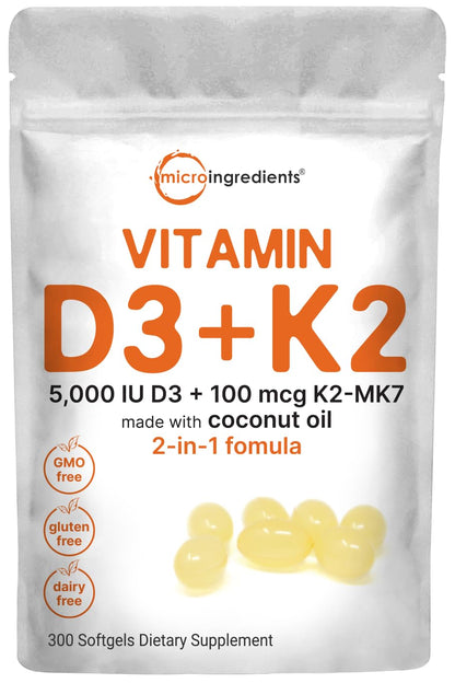 Micro Ingredients Vitamin D3 5000 IU Plus K2 (MK-7) 100 mcg, 300 Virgin Coconut Oil Softge Micro IngredientsUS supplements