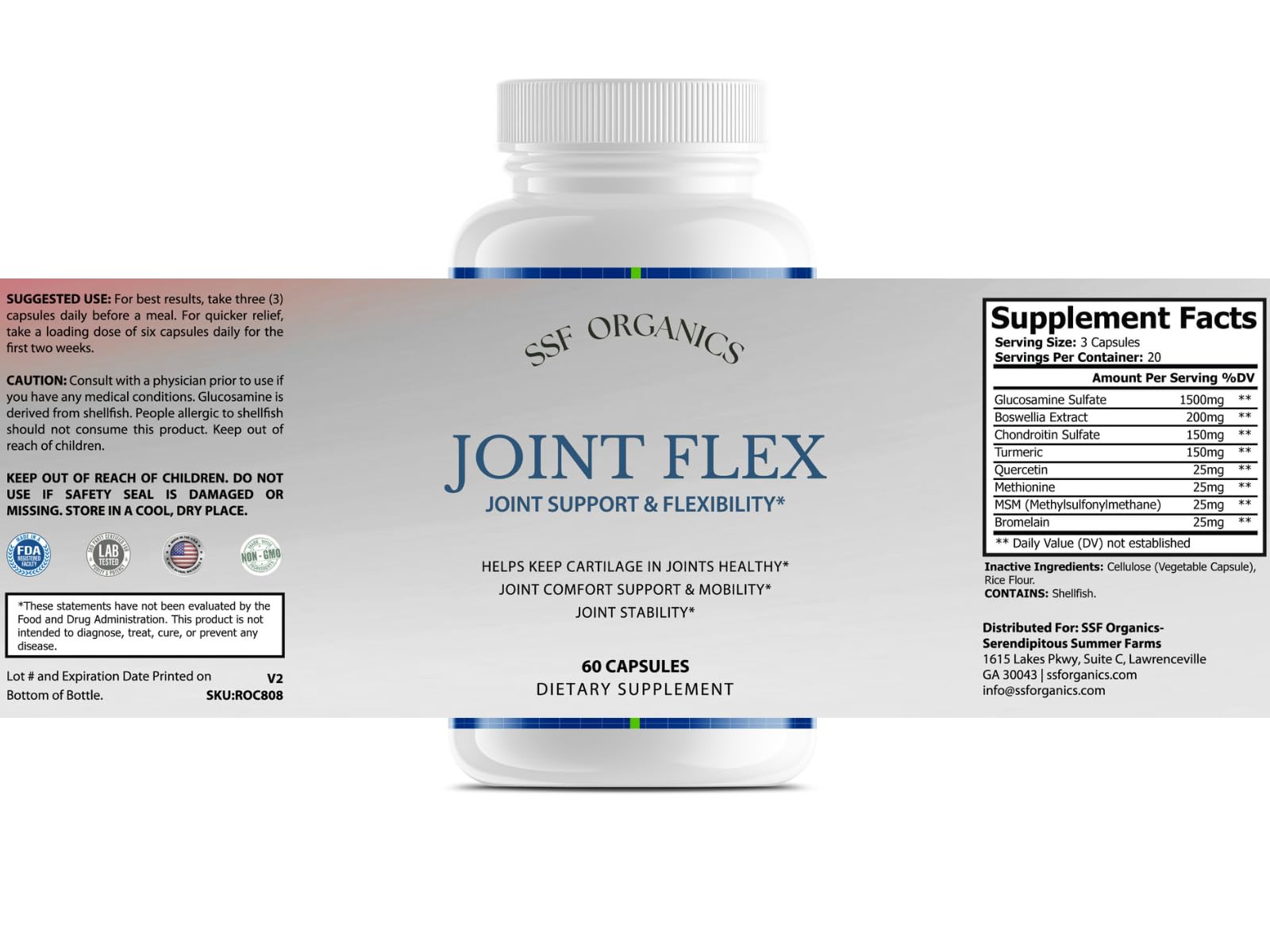 SSF Organics-Joint Flex with Glucosamine Chondroitin Turmeric Msm Boswellia - Joint Support Supplement for Relief 60 Capsules for Bones, Back, Knees, Hands (60 Capsules) Serendipitous Summer FarmsAu supplements