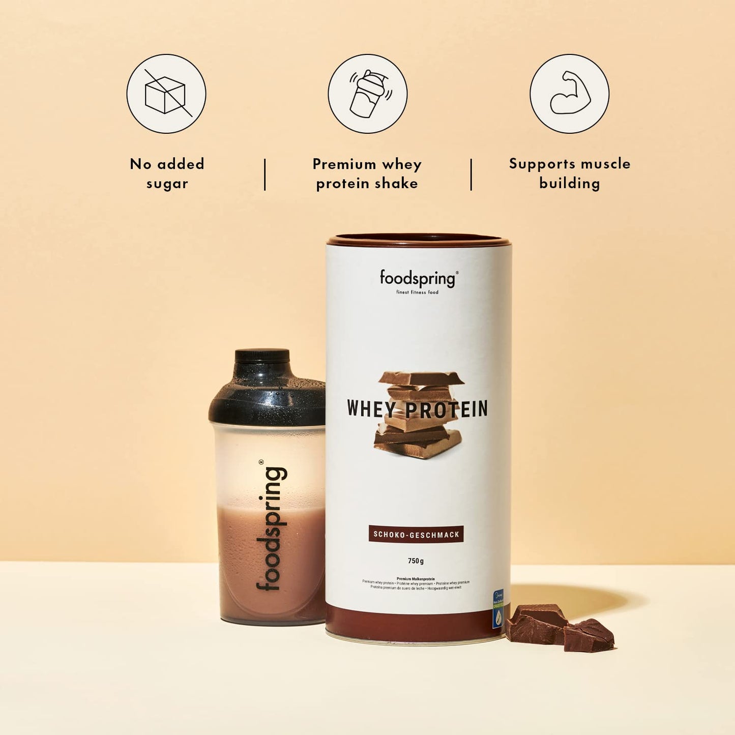 foodspring Whey Protein Powder Chocolate – with 22g Protein for Muscle Building, Perfect Solubility foodspringUS supplements