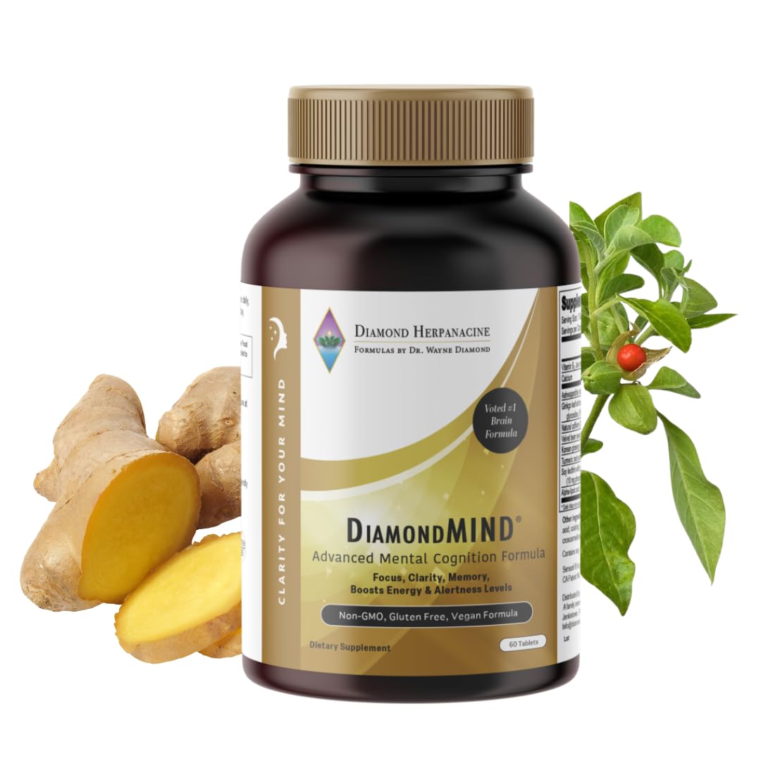 DiamondMIND Brain Support Supplement - Natural Formula for Mental Energy & Cognitive Function - Focus, Clarity, and Memory Supplement - Less Mental Stress - Vegan, Gluten-Free, Dairy-Free - (60 Count) HerpanacineAu supplements