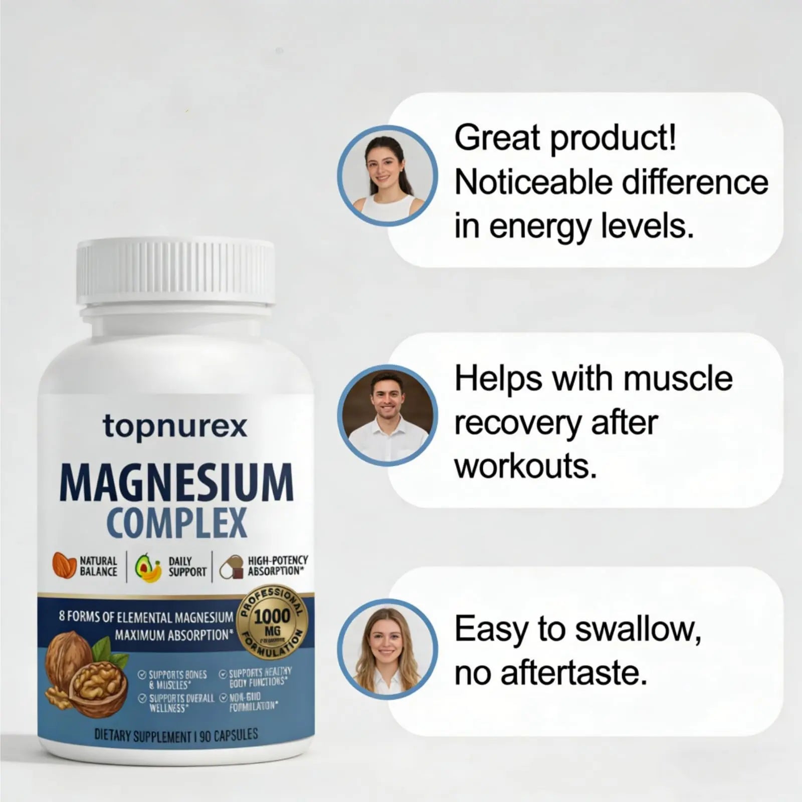 Topnurex Magnesium Complex for Women & Men - 1000mg High Absorption, 8 Essential Magnesium, 90 Capsules Topnurexnz supplements