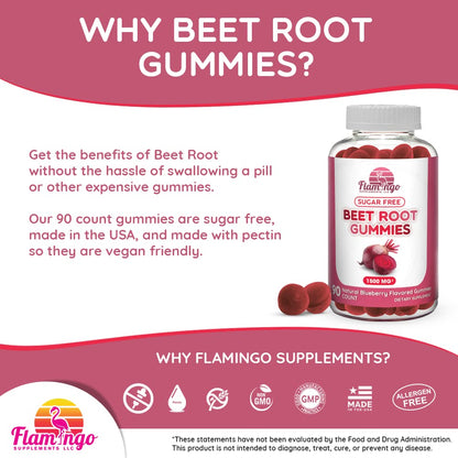 Sugar Free Nitric Oxide Beet Root Gummies (1500 mg)- Beet Root Chewables for Athletic Flamingo SupplementsUS supplements