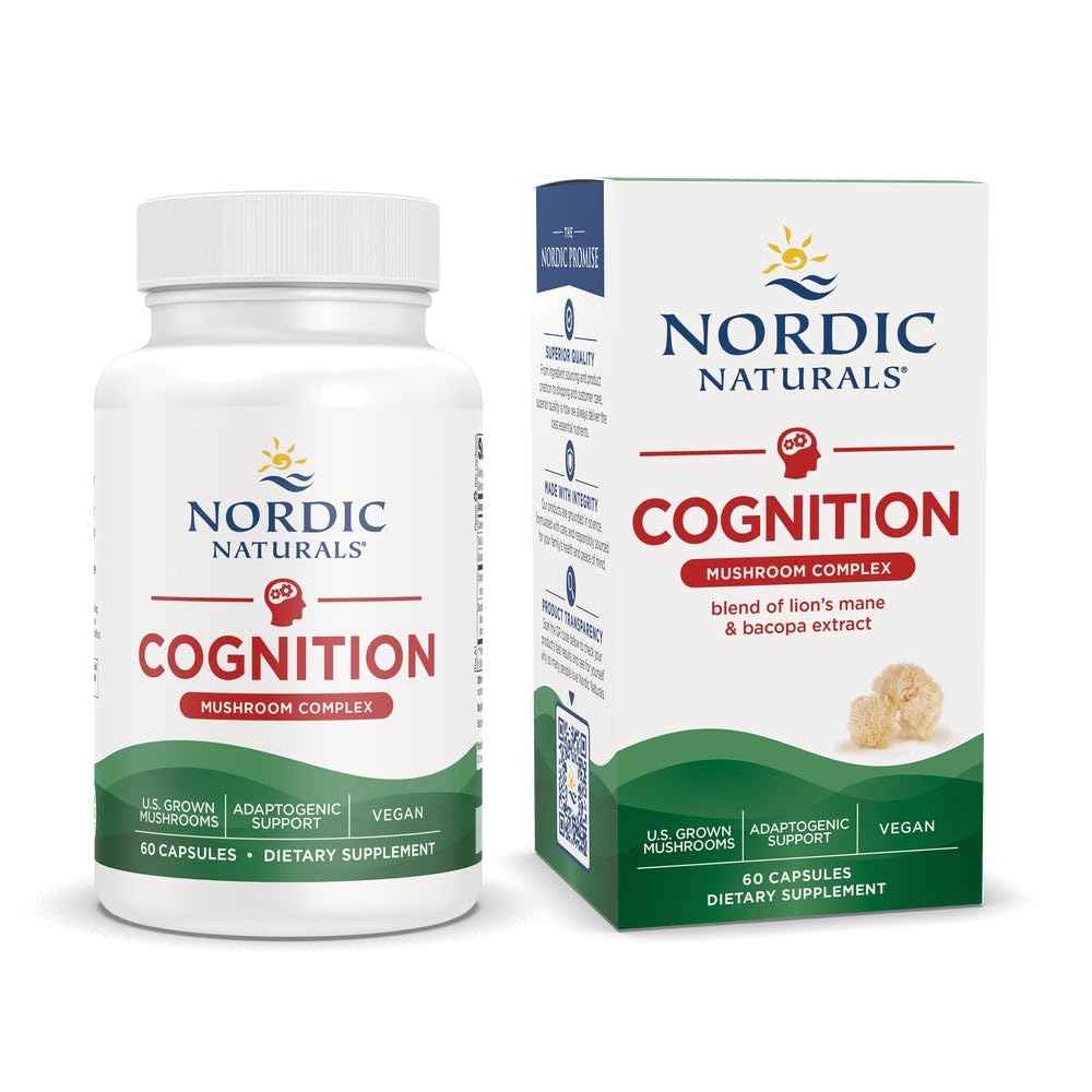 Nordic Naturals Cognition Mushroom Complex, Unflavored - 60 Capsules - Brain, Memory & Mood Support - Blend of Lion’s Mane Mushroom & Bacopa Extract - Non-GMO - Certified Vegan - 30 Servings Nordic NaturalsAu supplements