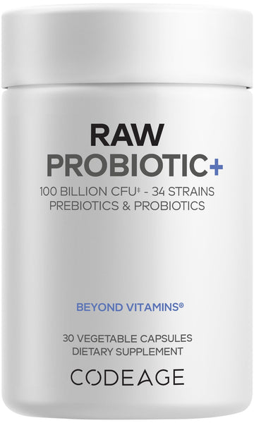 Codeage Raw Probiotic+ Supplement - 34 Probiotic Strains, 100 Billion CFUs, Raw Whole Food Probiotics, Digestive Enzymes, Raw Fruits & Veggies Prebiotics - Wild Kefir Culture - Non-GMO - 30 Capsules CodeageAu supplements