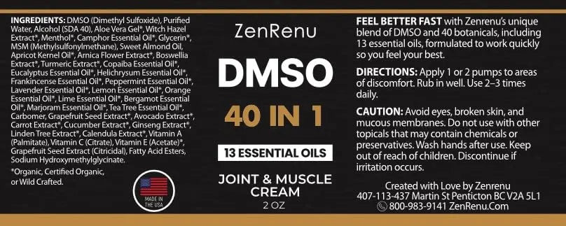 Zenrenu DMSO Cream 99.995% Pure Pharmaceutical Grade - 40-in-1 Advanced Formula -12 Essential Oils, Arnica, Aloe Vera, MSM - Fast-Absorbing Cream – 2 oz Glass Pump Bottle – Made in USA ZenrenuAu supplements