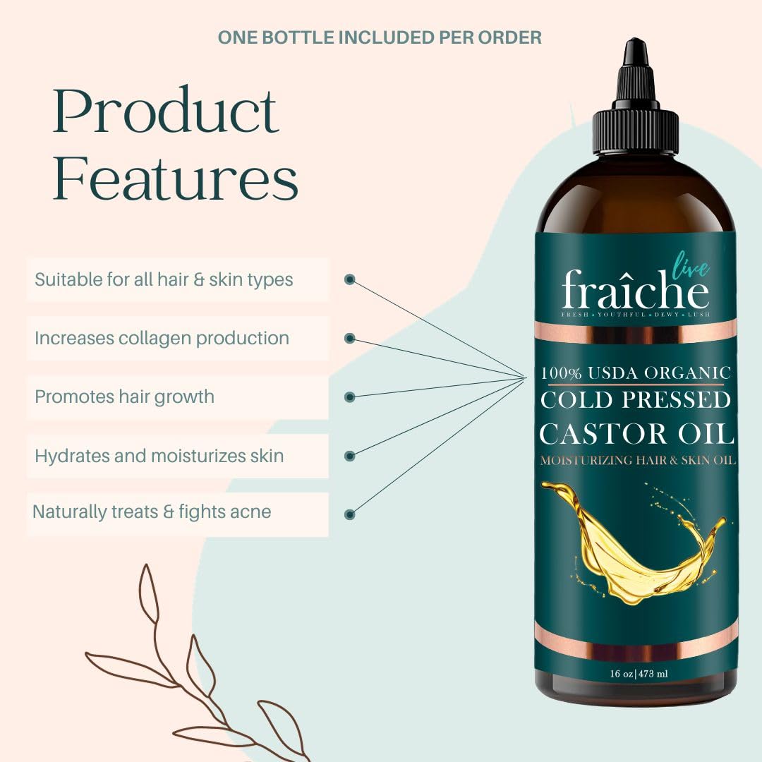 Live Fraiche USDA Organic Cold Pressed Castor Oil (16oz), 100% Pure, Hexane-Free Castor Oil Live FraicheAu supplements