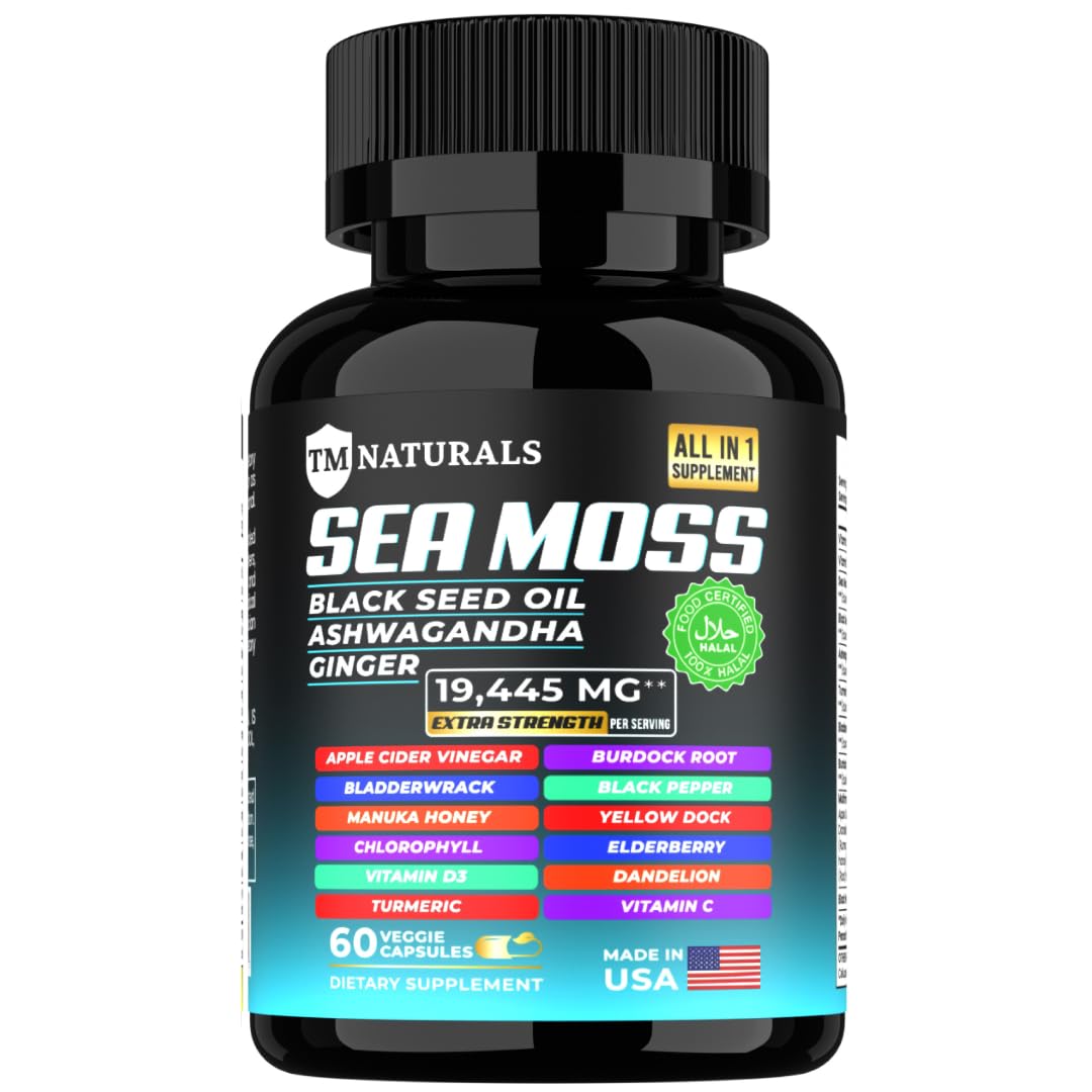 TM NATURALS Sea Moss with Black Seed Oil, Vitamin C, Ashwagandha and Turmeric for Immune Support & Energy - 60 Vegan Capsules + Free Pill Box TM NATURALSAu supplements