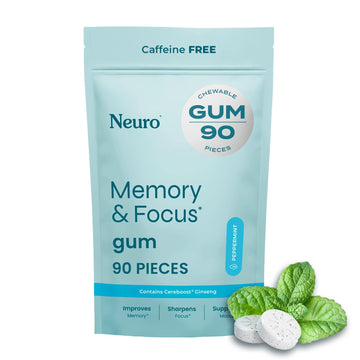 Neuro Memory & Focus Gum - Nootropic Gum with Vitamin B12, Vitamin B6, L-Theanine & Ginseng Extract - Natural Brain Support Supplement - Vegan, Caffeine & Sugar Free Chews - Peppermint, 90 ct NeuroAu supplements