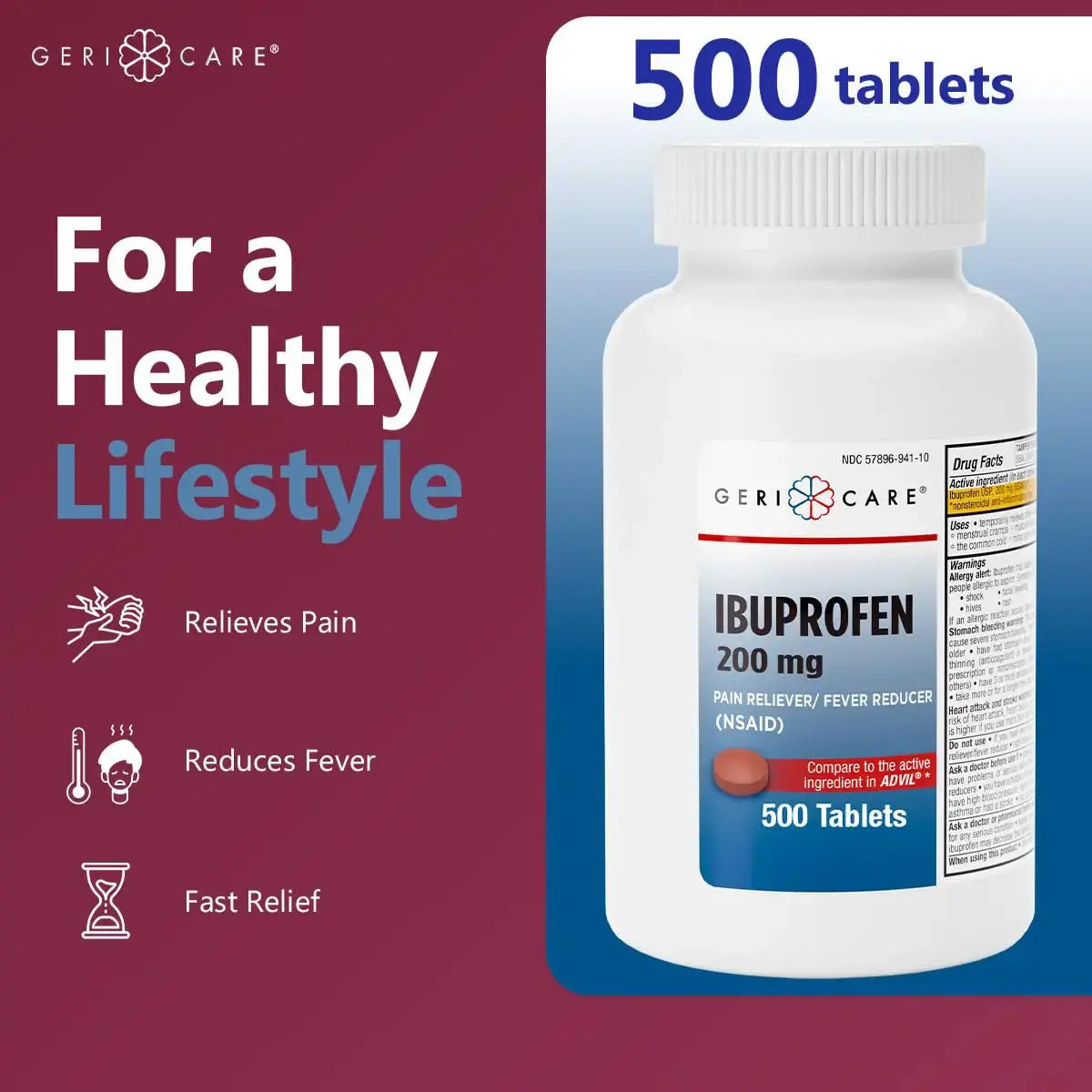 GeriCare Ibuprofen 200mg, Pain Reliever, Fever Reducer, Relieves Body Aches, 500 Count (Pack of 1) GeriCareAu supplements