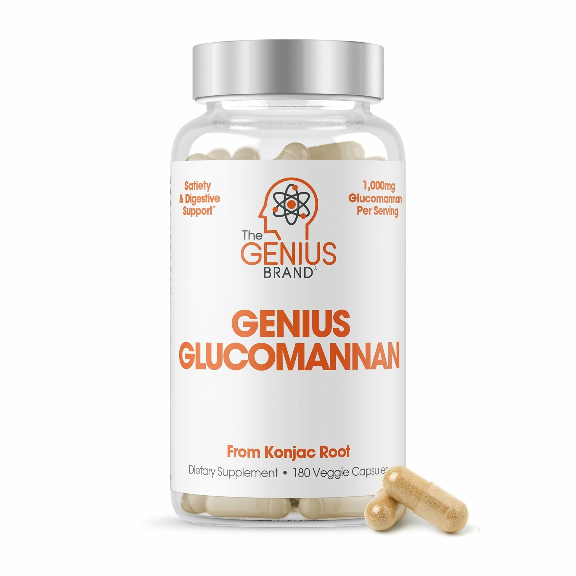 The Genius Brand Genius Glucomannan - Glucomannan Capsules for Digestive Health, Energy & Satiety Support - Natural Fiber for Stomach Comfort - Non-GMO & Vegan - 180 Veggie Capsules The Genius BrandUS supplements
