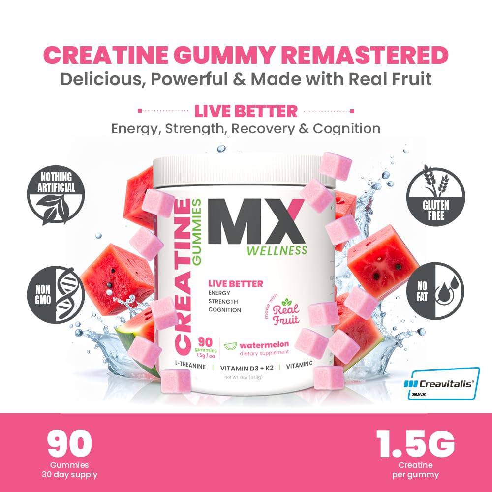MX Wellness Creatine Monohydrate Gummies for Men & Women – Real Fruit Gummy Supplement for Muscle Growth, Recovery, Longevity, Cognitive Health & Memory – 90 Chews (90 Gummies, Watermelon) MX WellnessAu supplements