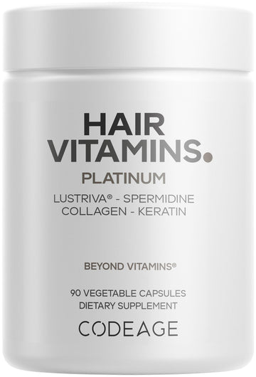 Codeage Hair Vitamins Platinum - Lustriva Hair Growth Support, Spermidine, AstraGin, Biotin, Keratin, Collagen, Enzymes, Omega-3, Multivitamins, Probiotics – Healthy Hair Supplement - 90 Capsules CodeageAu supplements