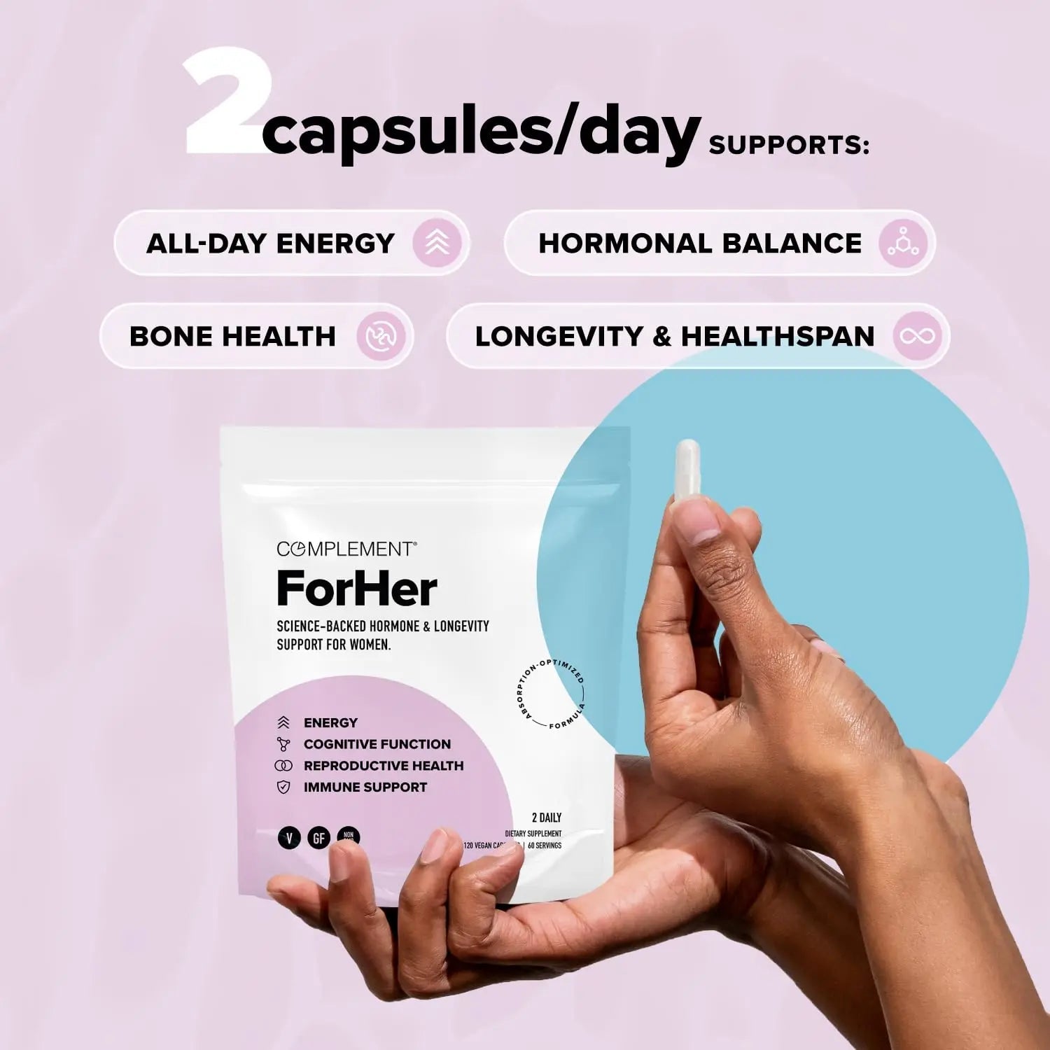 Complement ForHer Multivitamin - Hormone Balance for Women (60 Servings) Inositol Supplement, Longevity Support- B9, Iron - 120 Capsules ComplementAu supplements