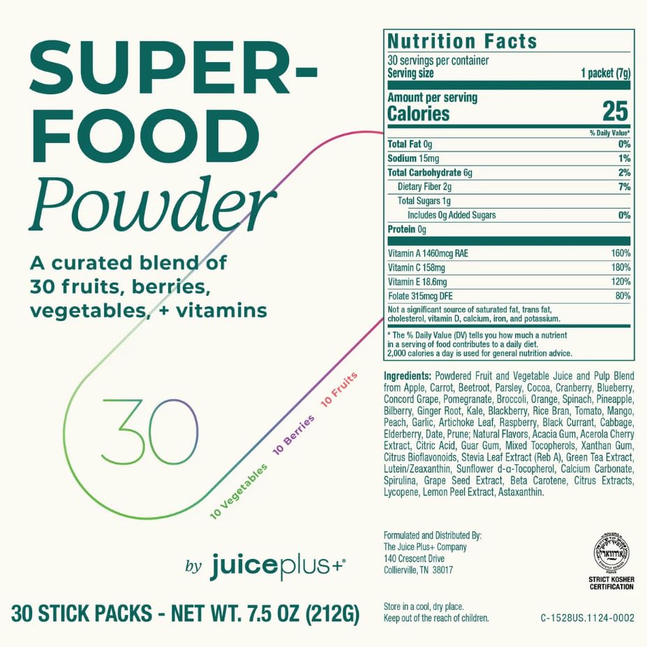 Juice Plus+ - Superfood Powder - Drink with 30 Fruits Berries Veggies Plant Vitamins for Refreshing Immune Wellness Boost - 30 Stick Packs Juice Plus+Au supplements