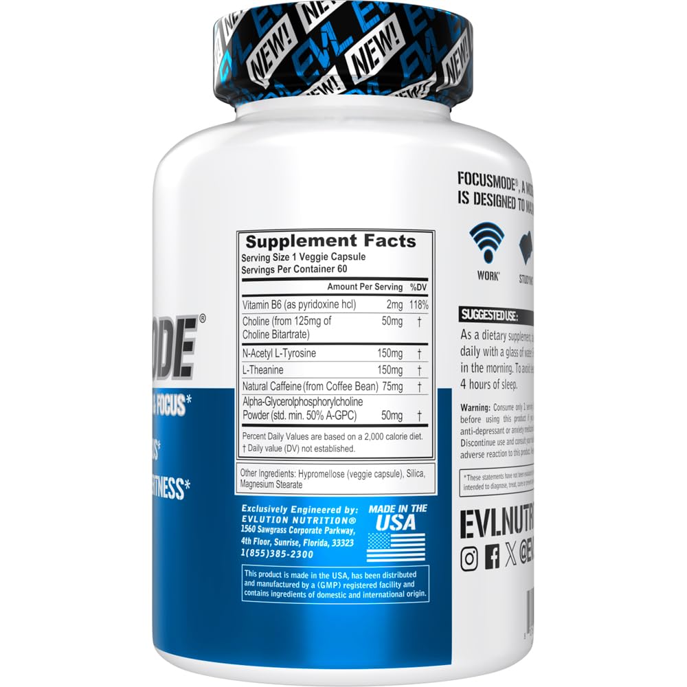 Evlution Nutrition Mental Energy and Focus Supplement for Adults - Nootropics Brain Support Supplement with Caffeine L Theanine Alpha GPC and L-Tyrosine - Focus Pills for Sustained Peak Performance EvlutionAu supplements