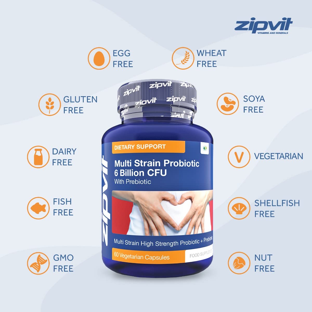 Probiotic 6 Billion Multi-Strain Live Bio Cultures Complex with Prebiotic, 60 Vegetarian ZipvitUS supplements