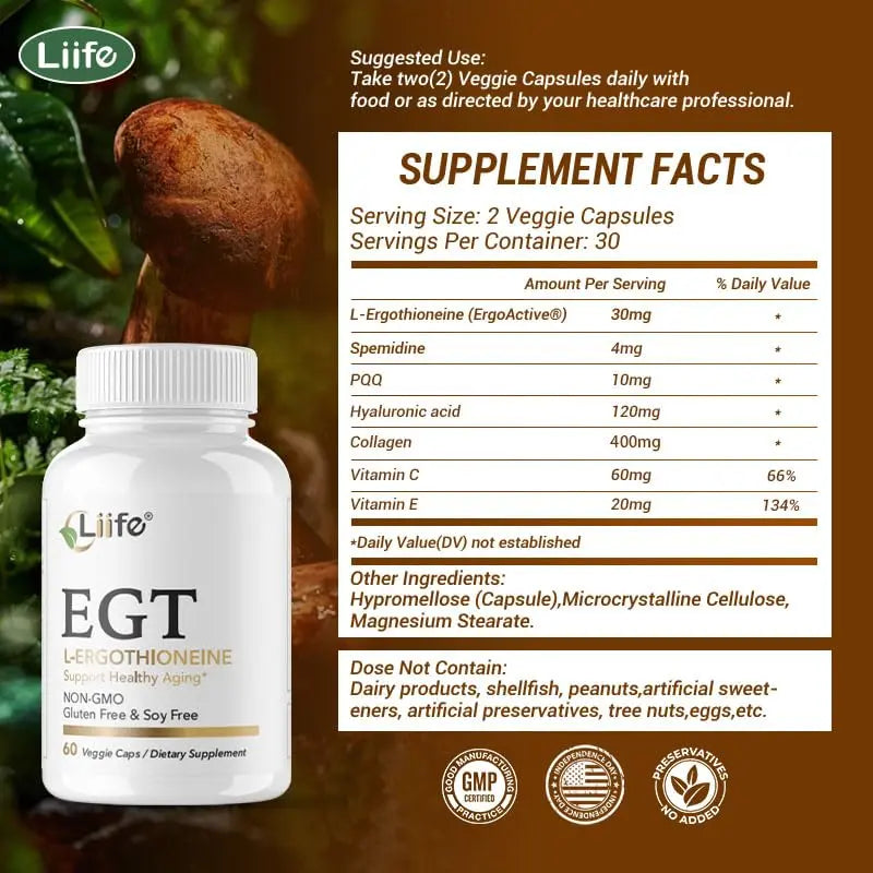 LIIFE L-Ergothioneine Supplement (EGT) 30mg,Compound Antioxidant Supplement (May Support Longevity and Healthy Aging) Promotes Skin Health，60 Capsules，Non-GMO, Gluten Free, Vegan Safe LIIFEAu supplements