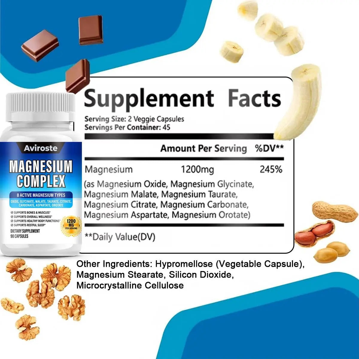 8 in 1 Magnesium Complex Supplement - 8 Elemental 1000mg - Magnesium Glycinate, Citrate, Malate, Taurate - High Absorption,for Muscle, Nerve & Sleep Support - 90 Capsules Avirostenz supplements