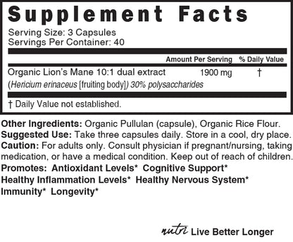 Nutri Organic Lions Mane Supplement Capsules - 1900 mg, 10:1 Dual Extraction, 120 Count Nature's FusionsUS supplements