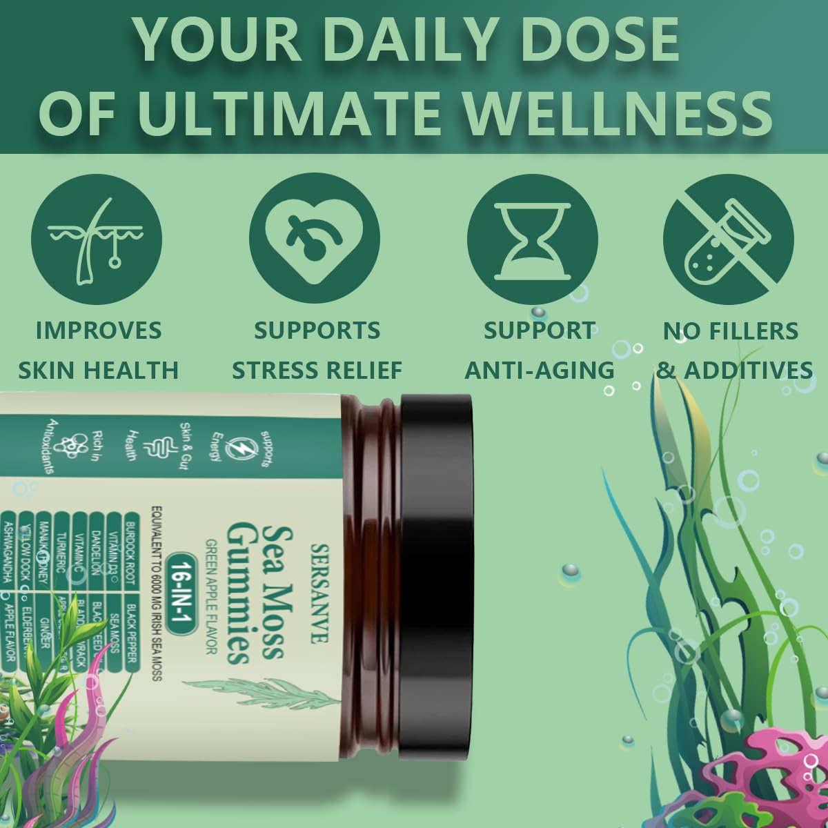 Sea Moss Gummies 16-in-1, with Black Seed Oil, Ashwagandha & Elderberry | Organic Irish Sea Moss Supplement for Men & Women | Daily Support with Manuka, Burdock Root & Vitamins C & D3, 30 Gummies SERSANVEAu supplements