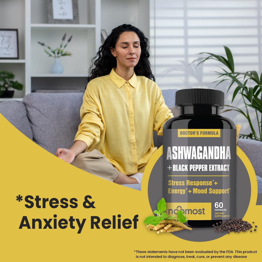 NooMost Organic Ashwagandha 400mg Capsules w/Black Pepper Extract as Vegan Ashwagandha Supplements for Anti Stress Relief, Natural Mood Support, Energy & Focus-60 Capsules NooMostAu supplements