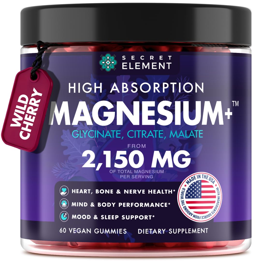 Magnesium Glycinate 2150 MG Gummies, High Absorption Magnesium Glycinate, Citrate & Malate, Sugar-Free, Vegan, Chews for Men & Women, 60 Gummies, Cherry Flavor– 60 Wild Cherry Flavor Chews Secret ElementAu supplements