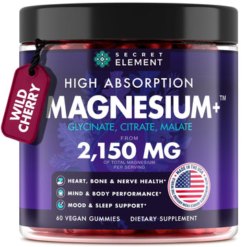 Magnesium Glycinate 2150 MG Gummies, High Absorption Magnesium Glycinate, Citrate & Malate, Sugar-Free, Vegan, Chews for Men & Women, 60 Gummies, Cherry Flavor– 60 Wild Cherry Flavor Chews Secret ElementAu supplements