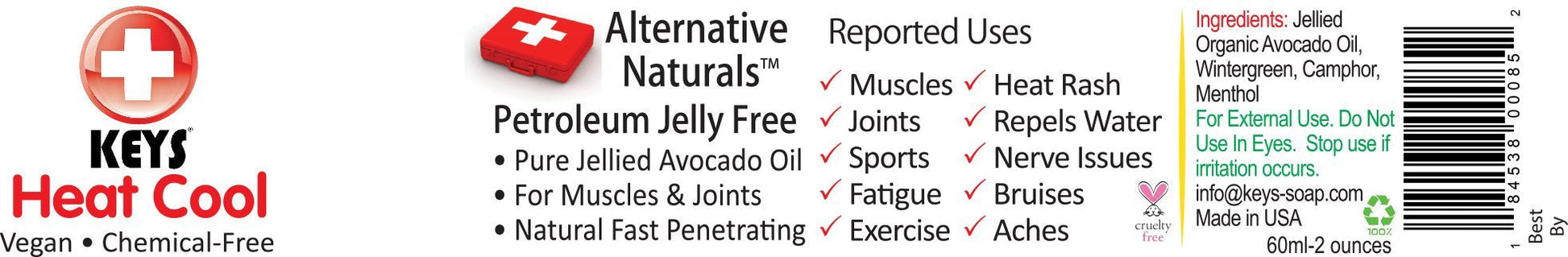Keys Heat Cool Vegan, Chemical-Free, All Natural Therapy for Muscle Aches, Joints, and Sports Injuries made with Pure Organic Avocado Oil, Camphor, Menthol, and Wintergreen, No Petrolatum, 2 ounces KeysAu supplements
