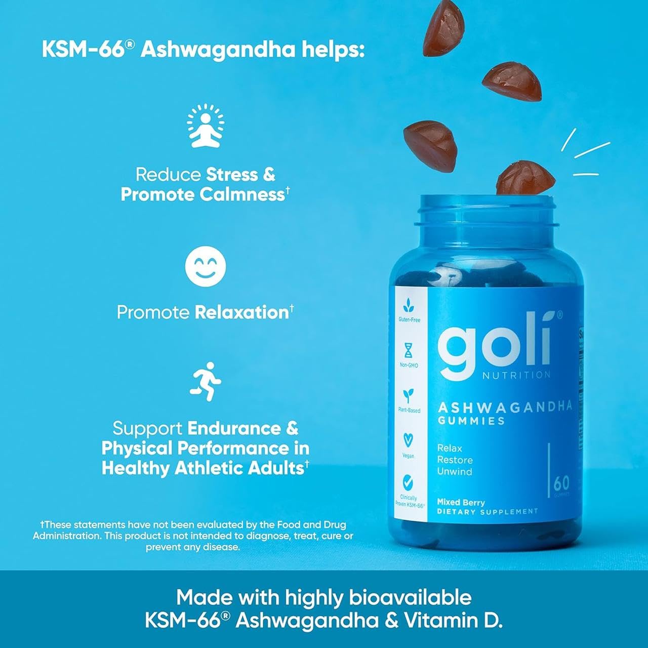 Goli Ashwagandha & Vitamin D Gummy - 60 Count - Mixed Berry, KSM-66, Vegan, Plant Based, Non-GMO, Gluten-Free & Gelatin Free Relax. Restore. Unwind, Pack of 1 GoliAu supplements