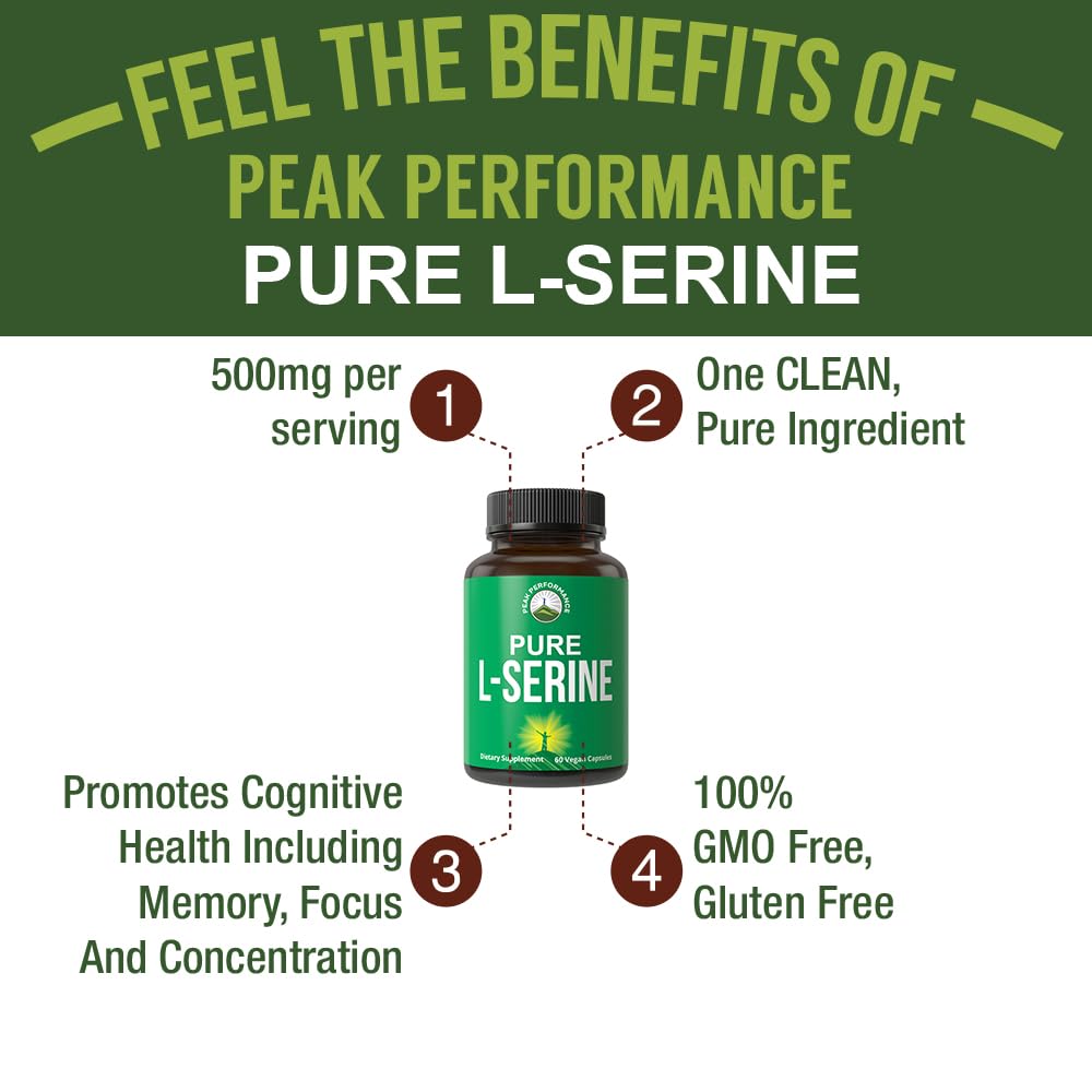 Peak Performance L-Serine Capsules 500mg Best Brain and Nootropic Amino Acids for Production of L-Cystine, L-Tryptophan and Serotonin. USA Grade L Serine Pills. Non-GMO Supplement (60 Servings) Peak PerformanceAu supplements