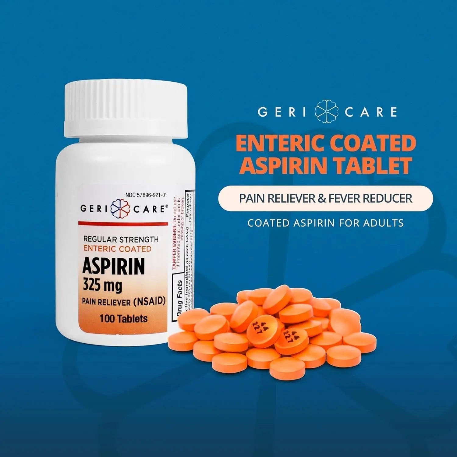 Enteric Coated Aspirin Tablets 325mg (100 Count) by GeriCare- NSAID Pain Reliever & Fever Reducer Coated Aspirin for Adults- Regular Strength Aspirin for Headache Arthritis Menstrual & Muscle Pain GeriCareAu supplements