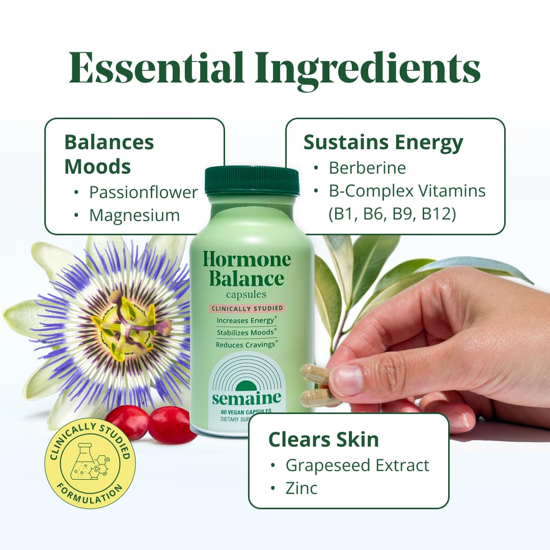Semaine Hormone Balance – Clearer Skin, Enhanced Moods, Deeper Sleep & Happier Hormones. Hormone-Free, Vegan Capsule, Multi-Symptom Support (60 ct) SemaineAu supplements