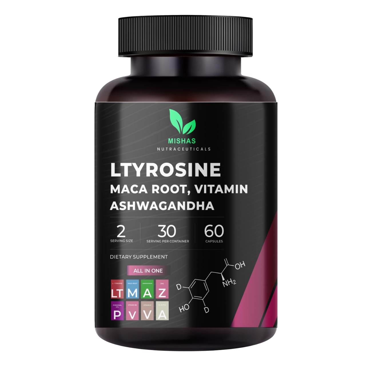 Mishas Nutraceuticals L-Tyrosine with Maca Root, Ashwagandha & Vitamins Complex – Energy, Mental Focus, Stress Relief & Immunity Support – 60 Capsules (30 Servings) MishasAu supplements
