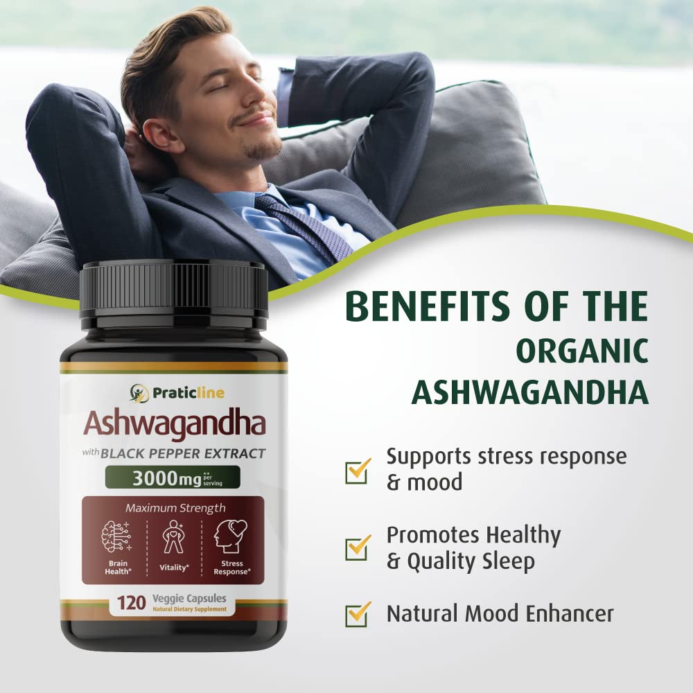PRATIC LINE Ashwagandha Capsules 3,000 mg - 120 Vegan Cap Made with Organic PRATIC LINEAu supplements