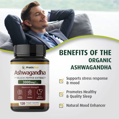 PRATIC LINE Ashwagandha Capsules 3,000 mg - 120 Vegan Cap Made with Organic PRATIC LINEUS supplements