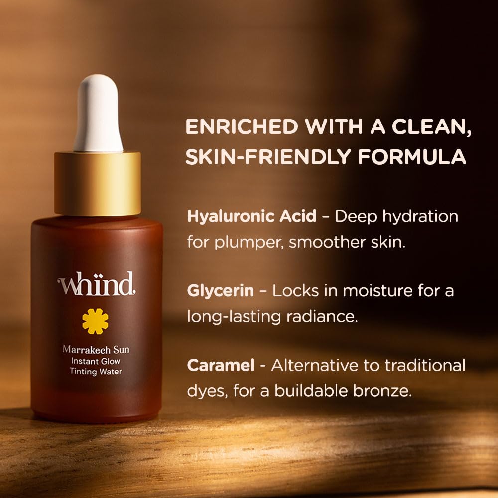 WHIND Marrakech Sun Instant Glow Tinting Water- Self Tanner Face Drops –Bronzing for Face –Lightweight Tanner/Natural Tan- Streak-Free Glow – Tan Drops for Radiant Skin - 1oz / 30ml WHINDAu supplements