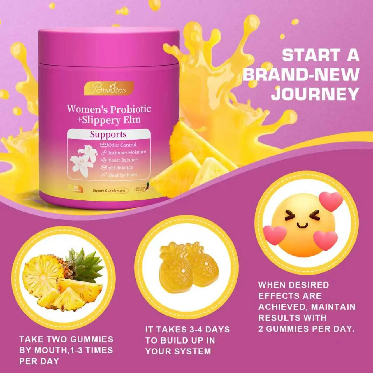 Brurtzexs Her Juicy Feminine Probiotics Gummies for Women with Slippery Elm - Pineapple Flavor, pH Balance & Immune Health Support - Digestive & Feminine Support - Vegan Supplement, 60 C Brurtzexsnz supplements