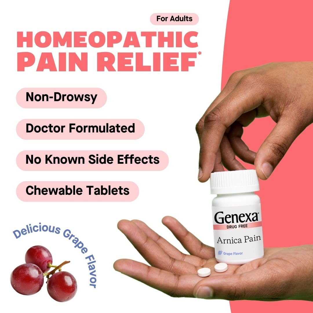 Genexa Arnica for Pain Relief | Alleviate Muscle & Joint Pain, Soreness & Stiffness | Reduces Bruises & Swelling | Organic Grape Flavor | Homeopathic Remedy Made Clean | 100 Chewable Tablets GenexaAu supplements